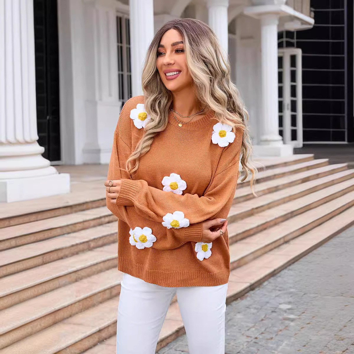 Women's Floral Pullover Sweater Crew Neck Long Sleeve Knit Top