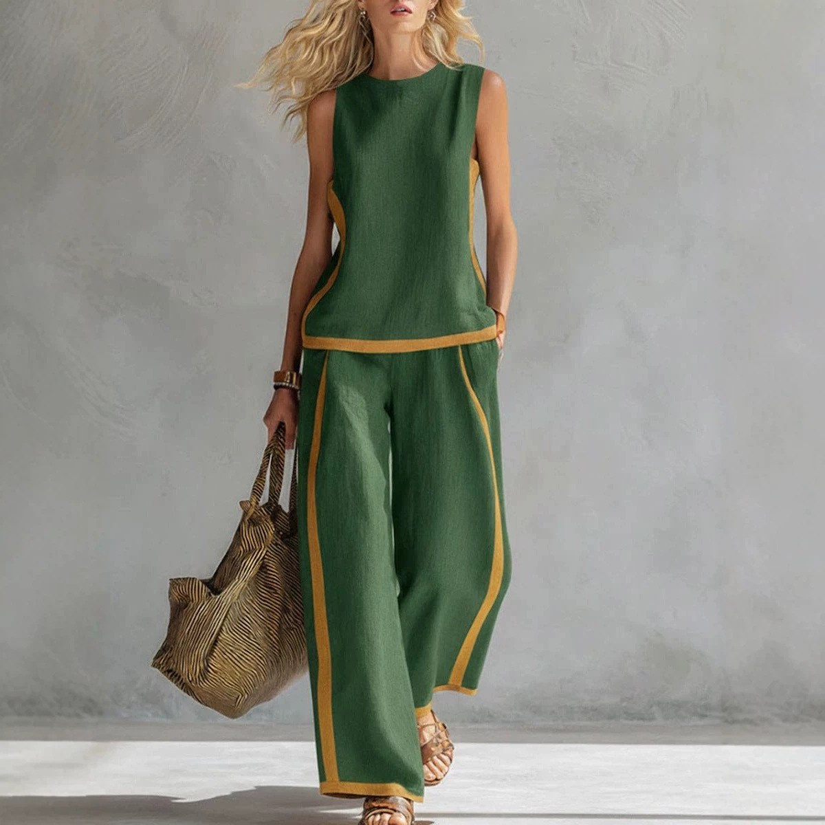 Sleeveless Colorblock Wide-Leg Pants Set Summer Casual Two-Piece