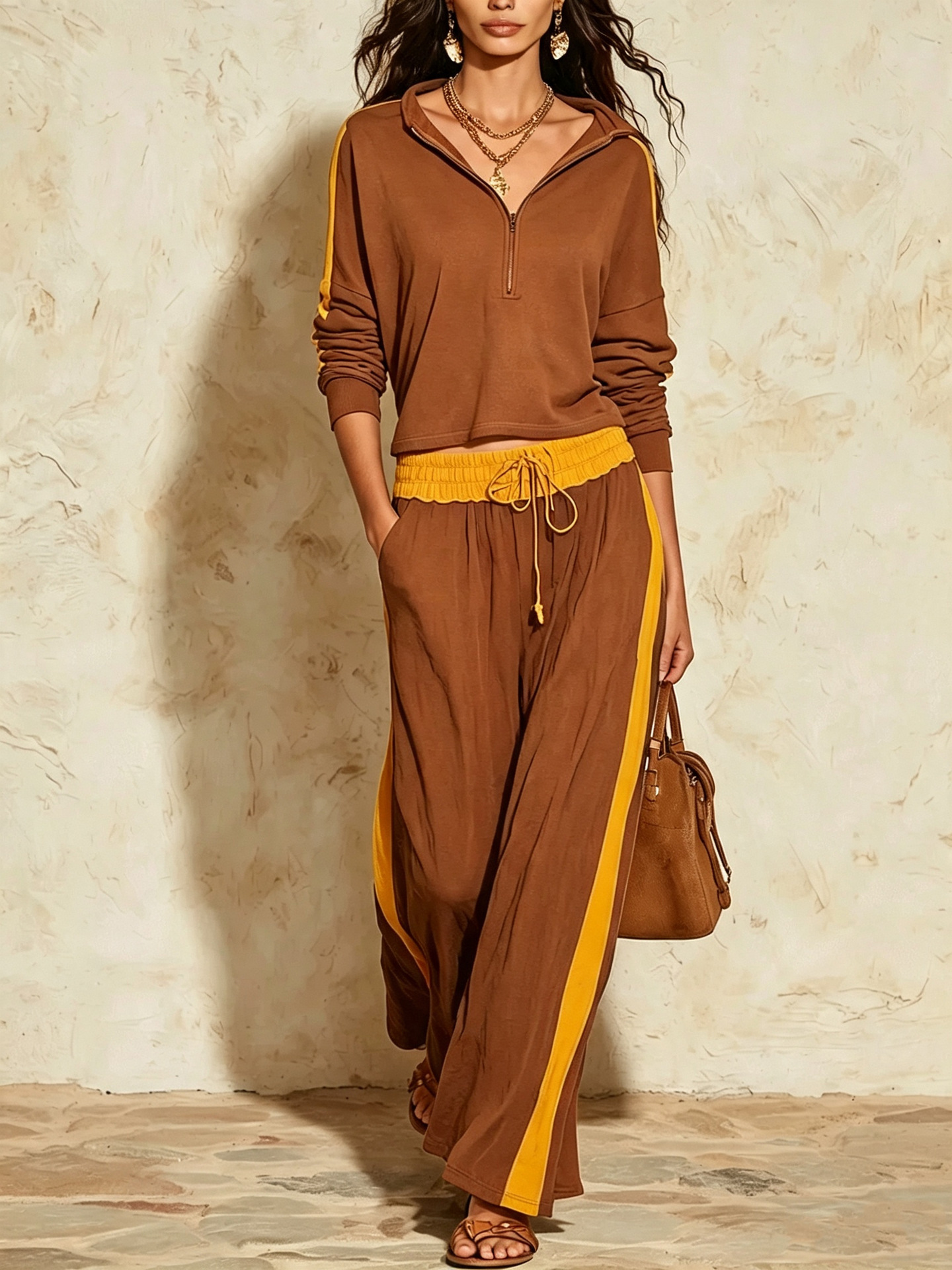 Color-Block Half-Zip Top & High-Waist Wide-Leg Pants Two-Piece Set