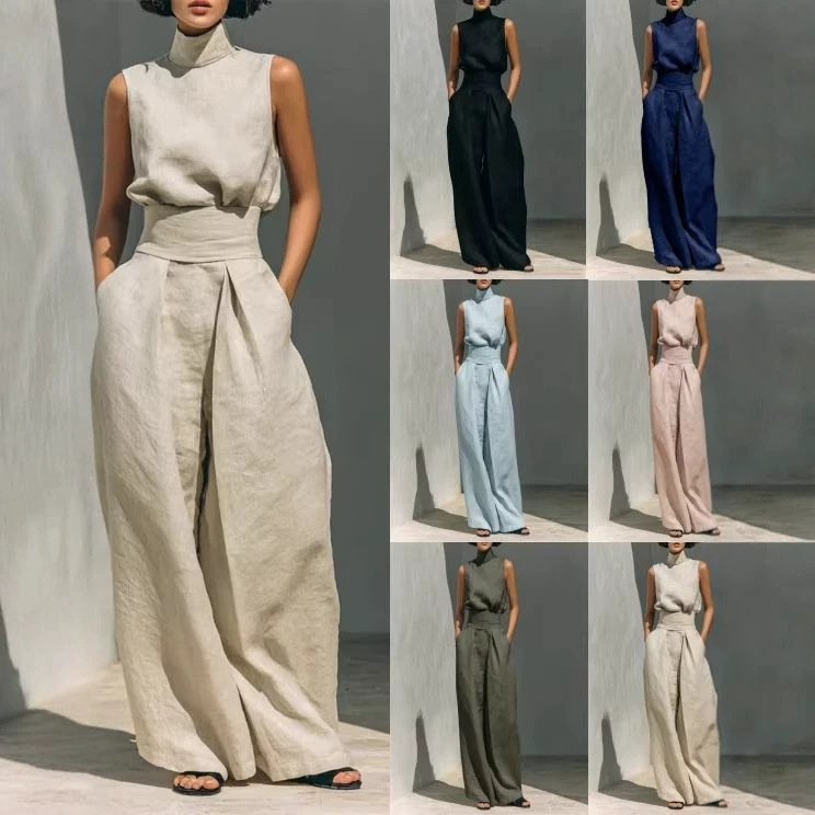 Women's Solid Sleeveless Top and Wide-Leg Pants Set