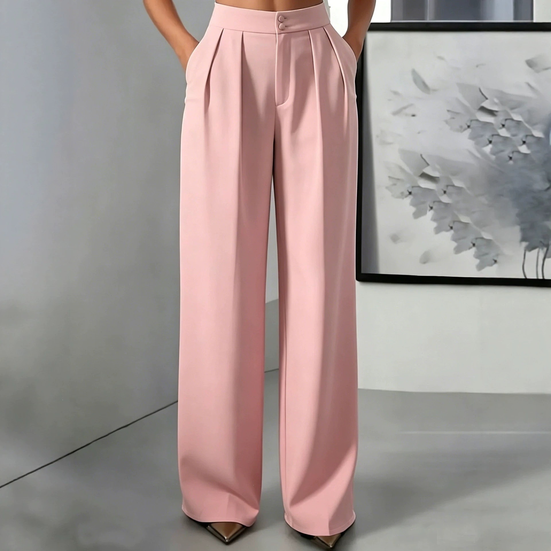 Women's High Waist Straight Leg Tailored Pants with Elastic Waist