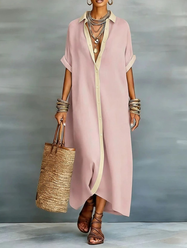 Women's Color Block Midi Shirt Dress Short Sleeve Casual