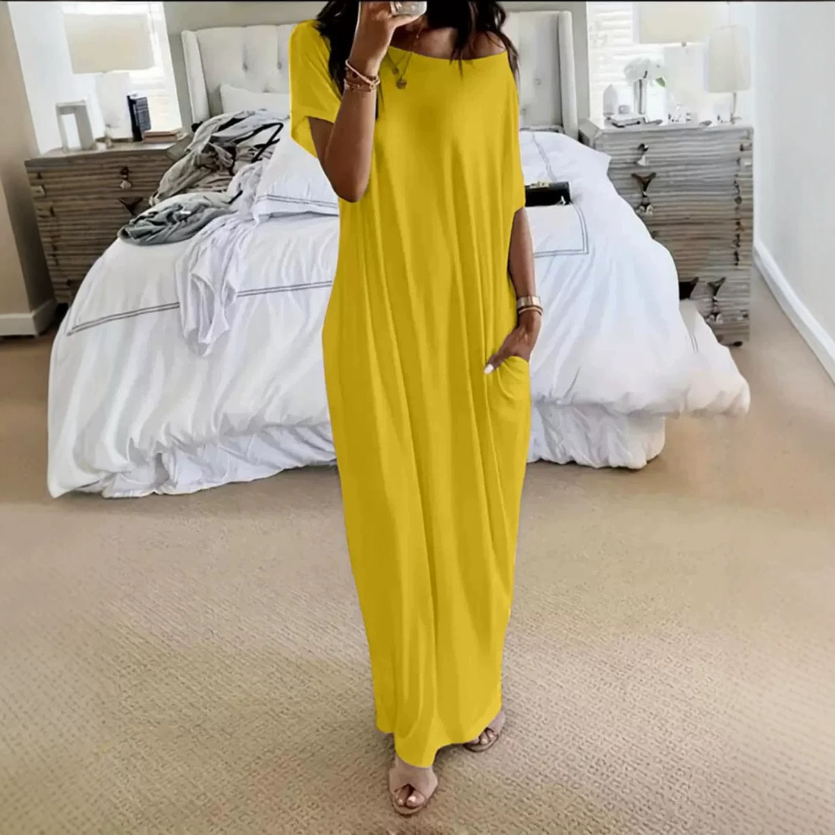 Women's Solid Short Sleeve Midi Casual Dress