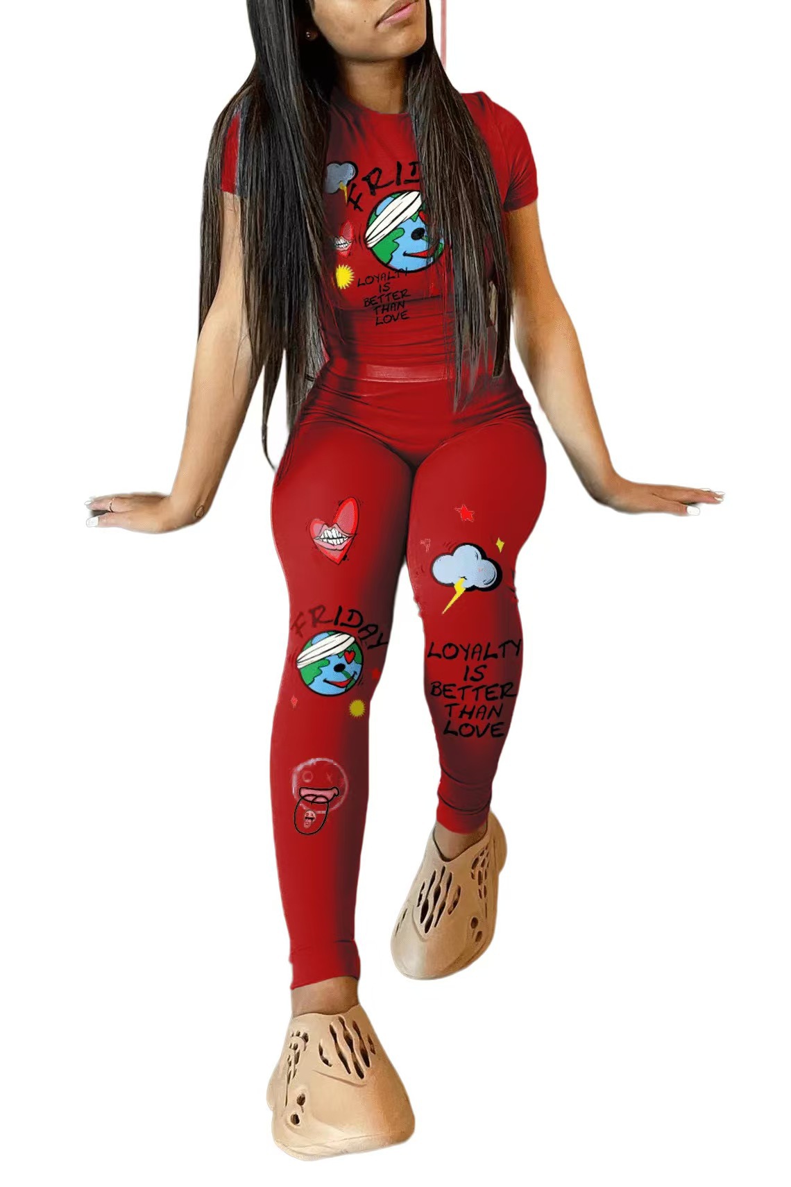 Women's Graphic Print Slim Fit Long Pants Set