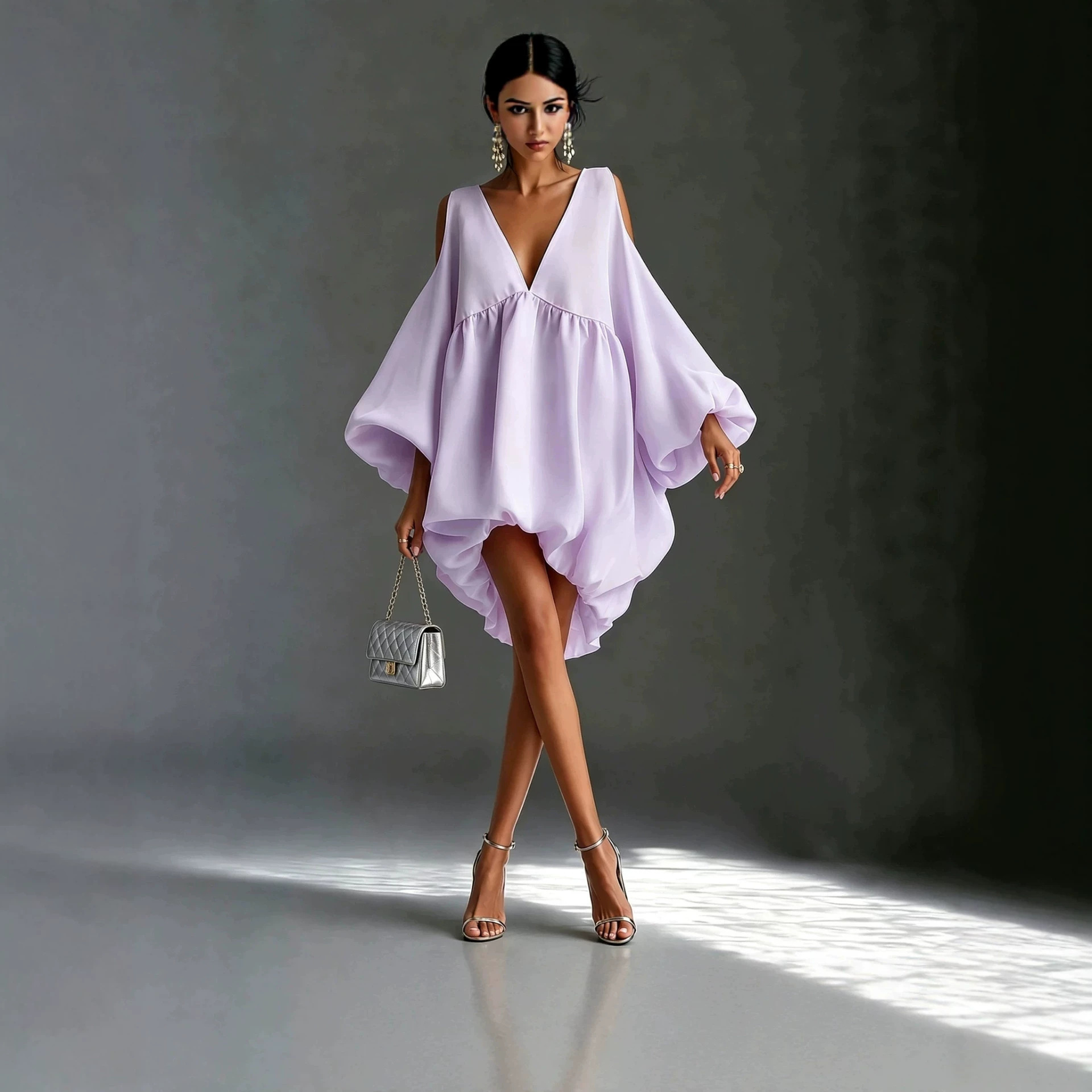 Deep V Off-Shoulder Lantern Sleeve Loose Babydoll Dress Asymmetrical