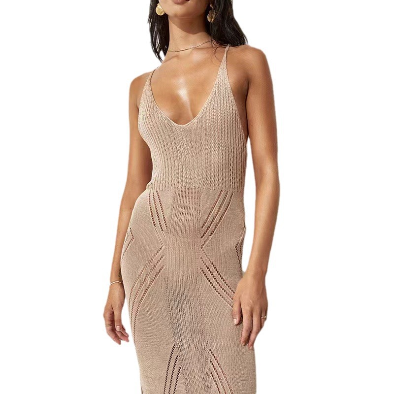 Women's Sleeveless V-Neck Knit Maxi Beach Dress with Crisscross Straps