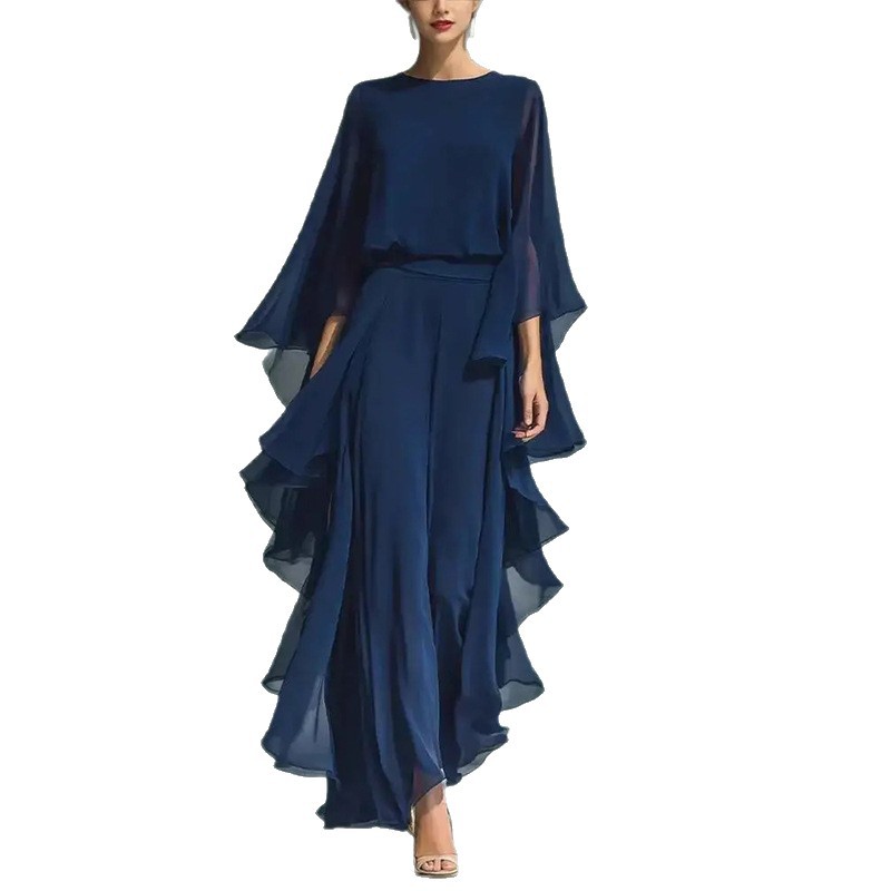 Women's Navy Chiffon Top and Straight-Leg Pants Set with Bell Sleeves and Ruffles