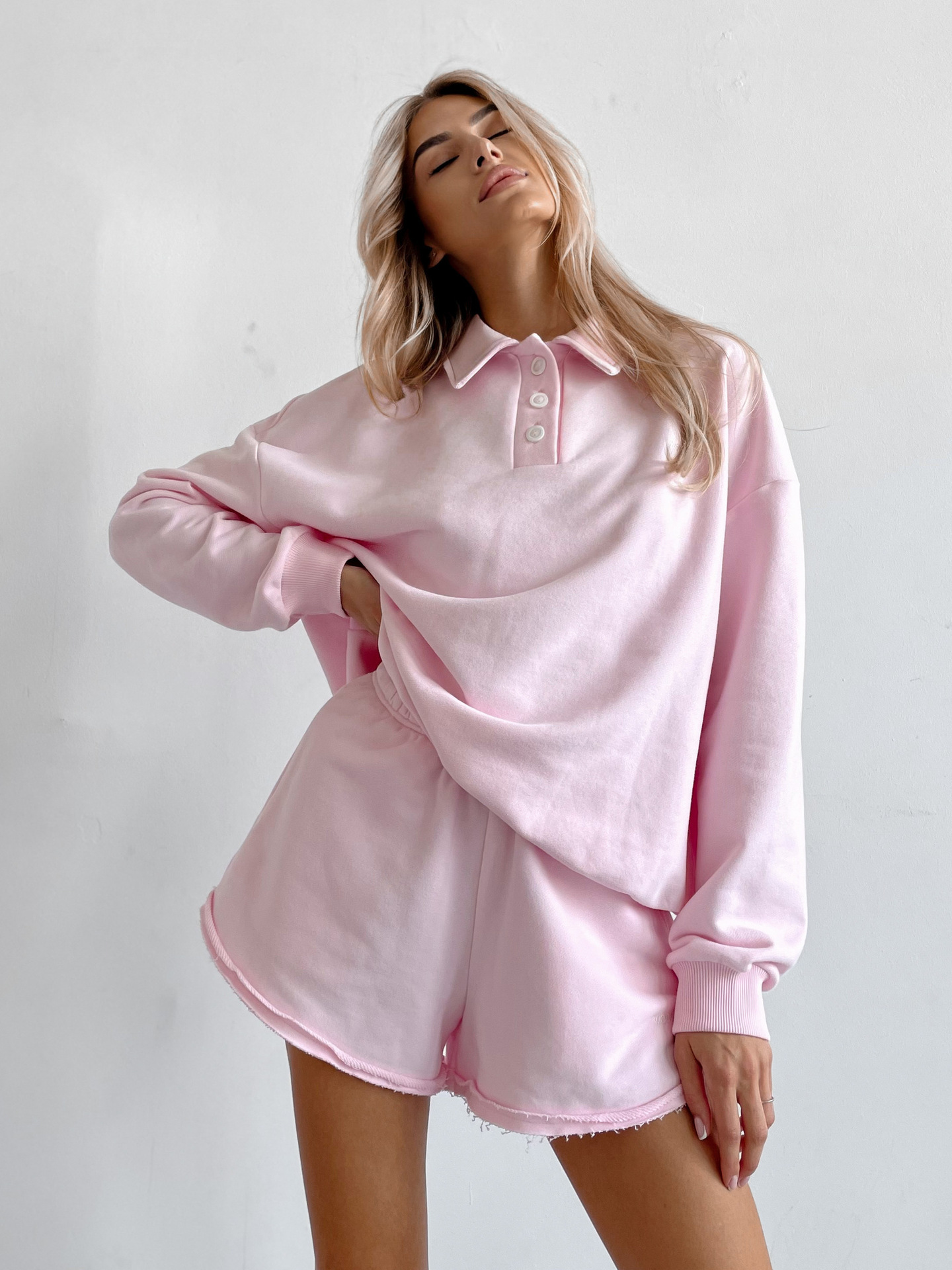 Women's Solid Color Long Sleeve Collared Loose Sweatshirt and Elastic Waist Shorts Two-Piece Set