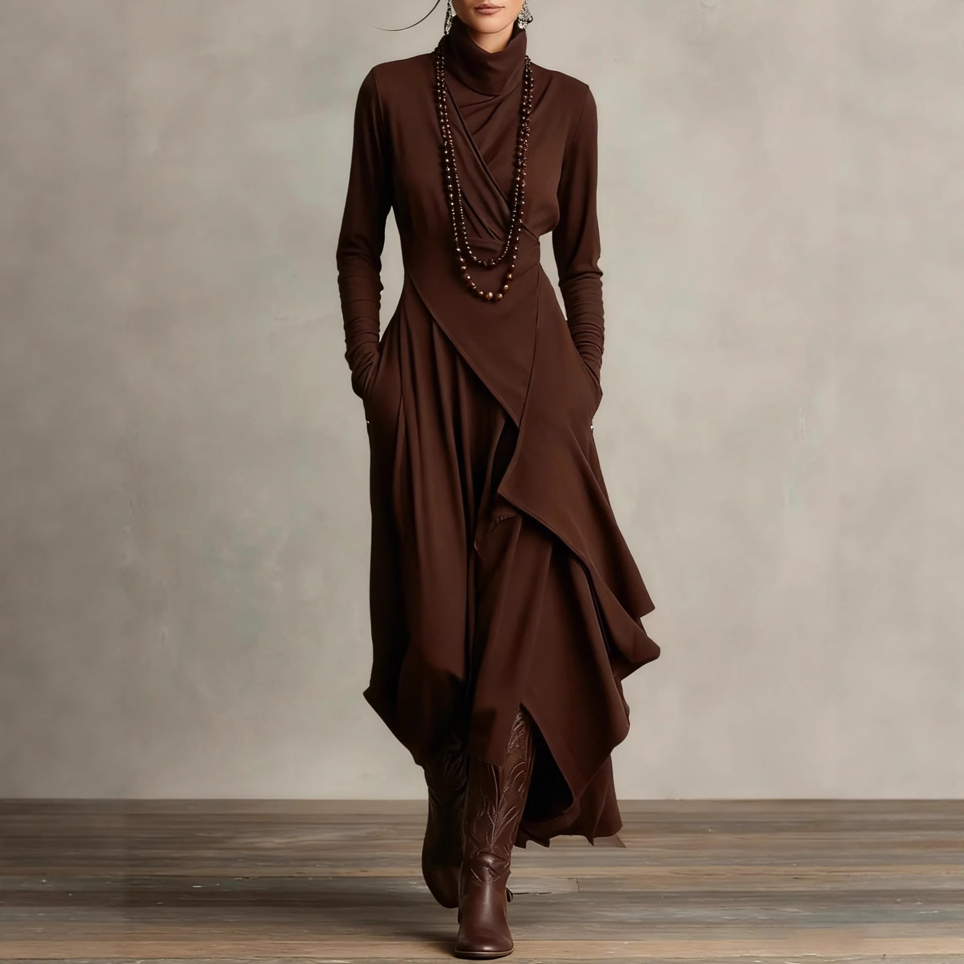 Women's Long Sleeve Cross Front High Neck A-Line Maxi Dress