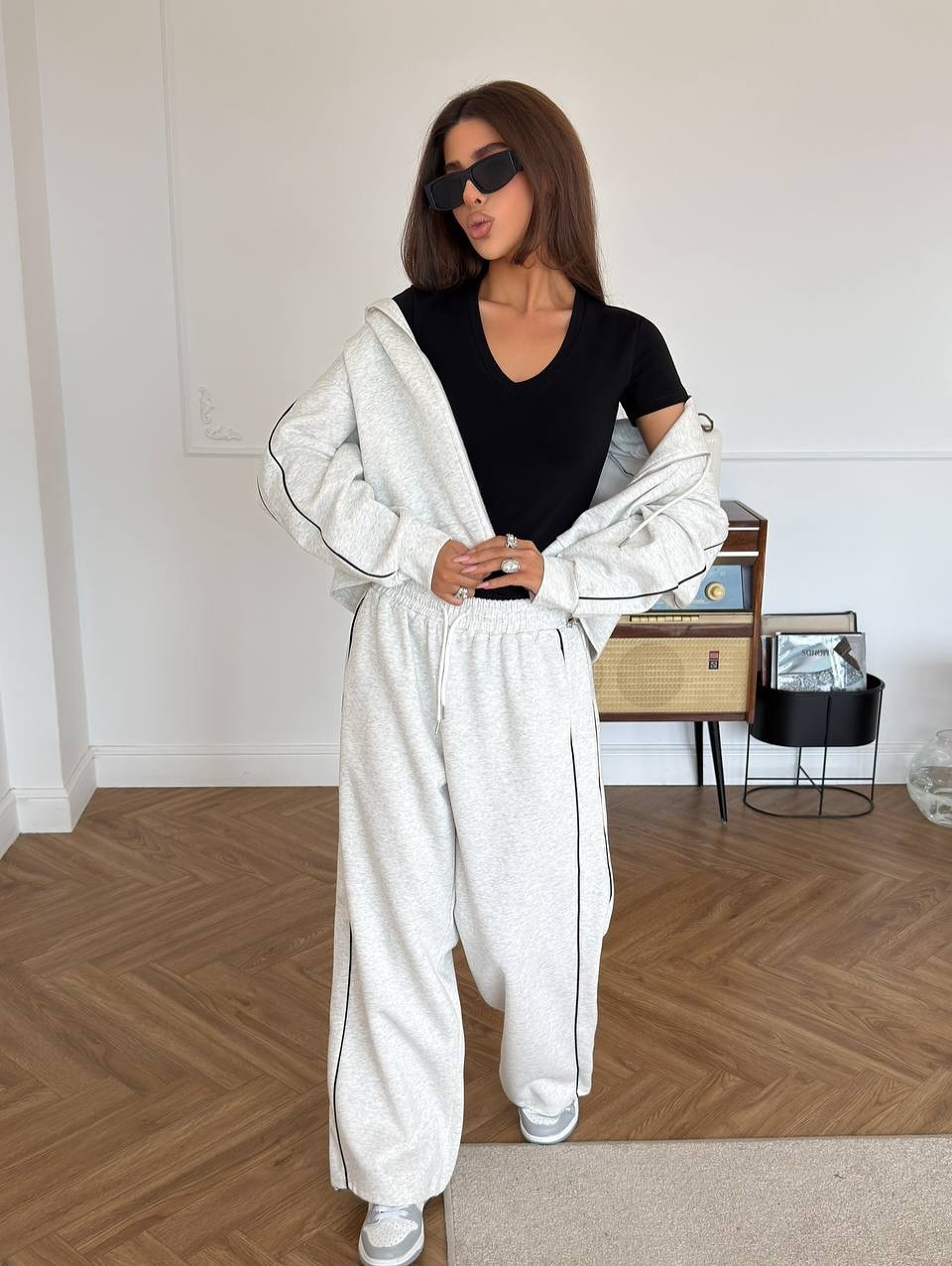 Women's Striped Two-Piece Set with Long Sleeve Zip Cardigan and Tie Pants