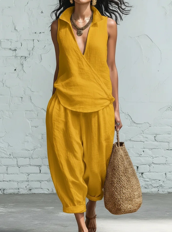 Women's Linen-Blend Collared Shirt and Wide-Leg Pants Two-Piece Set
