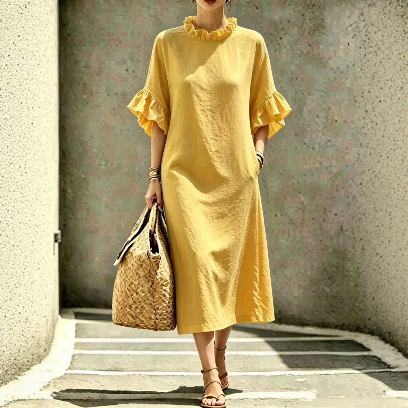 Ruffled Collar Petal Sleeve A-Line Midi Dress