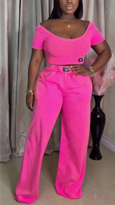 Women's Solid Color Round Neck Short Sleeve Top and Pants Set