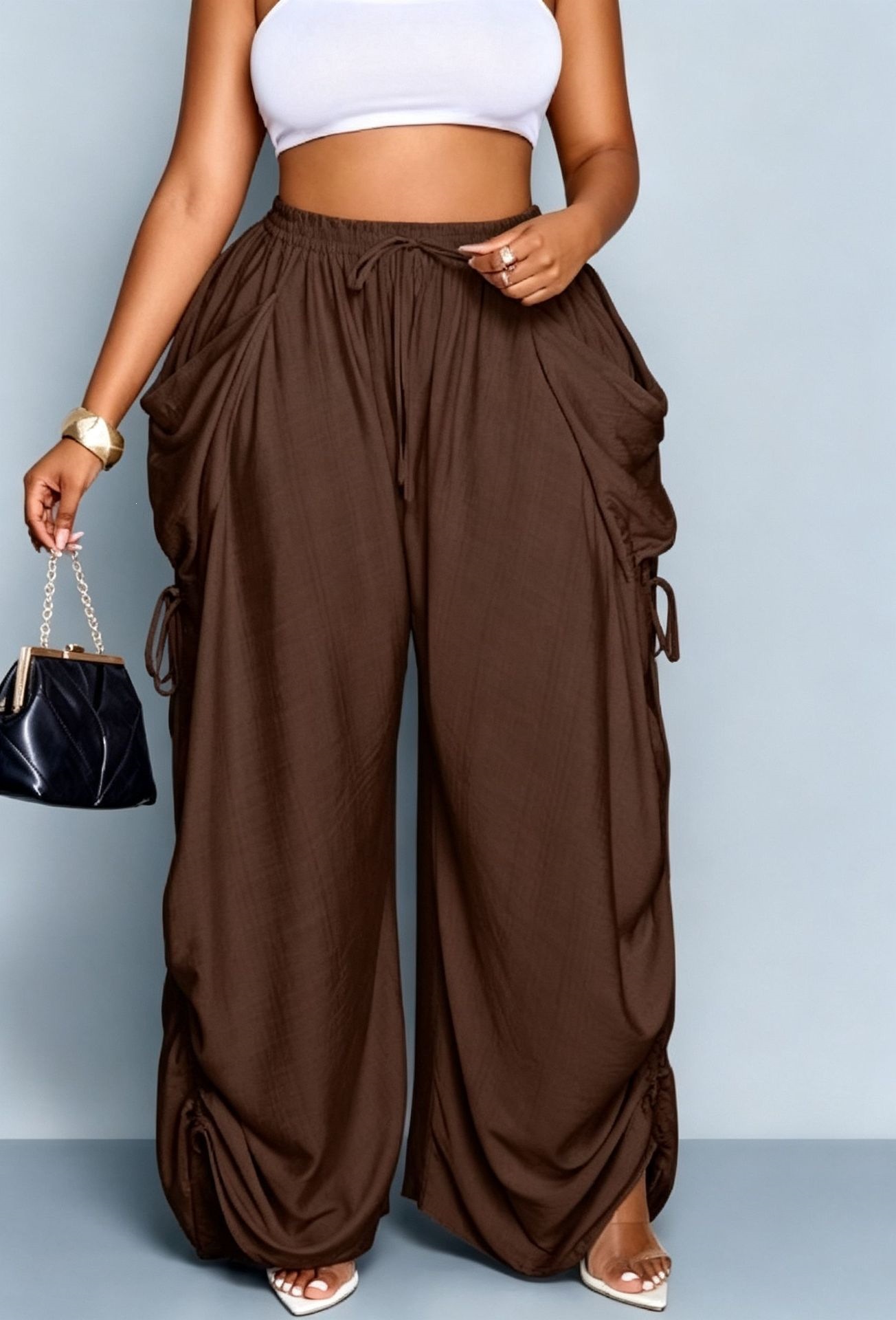 Women's High-Waist Harem Pants Cotton-Linen Drawstring Pockets Plus Size