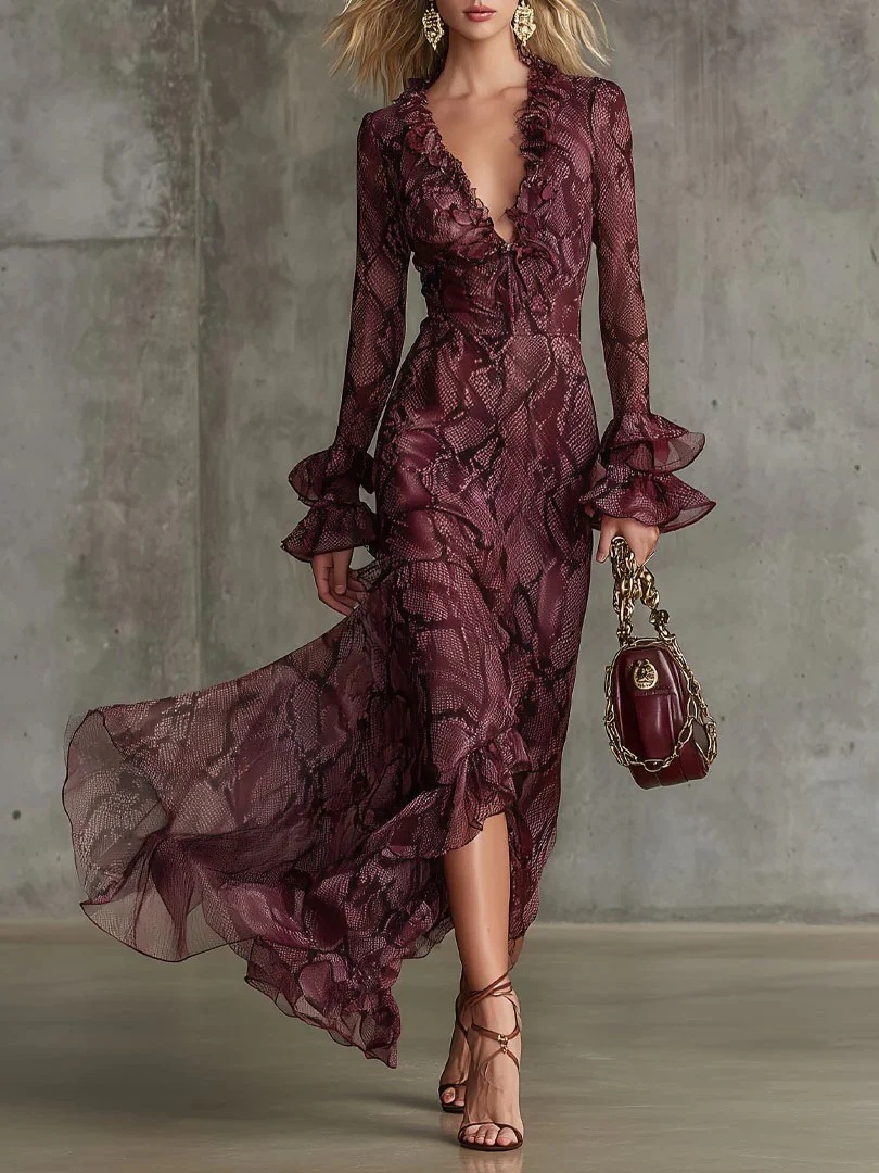 Women's Flare-Sleeve Tie V-Neck Long Dress