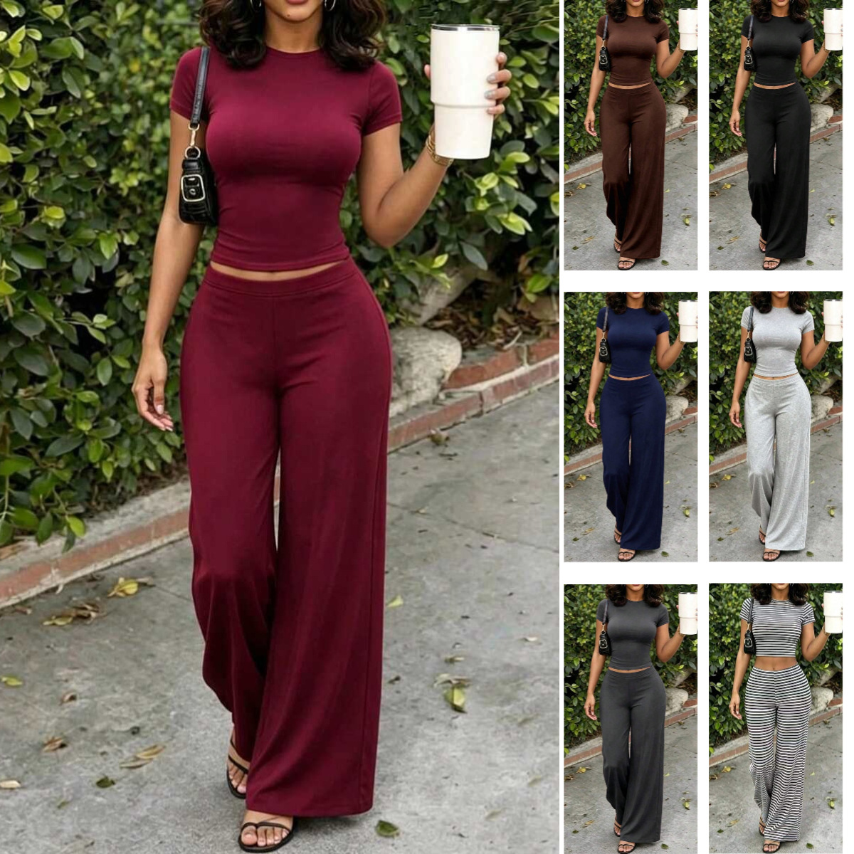 Women's Solid Color Crop Top and Flared Pants Set