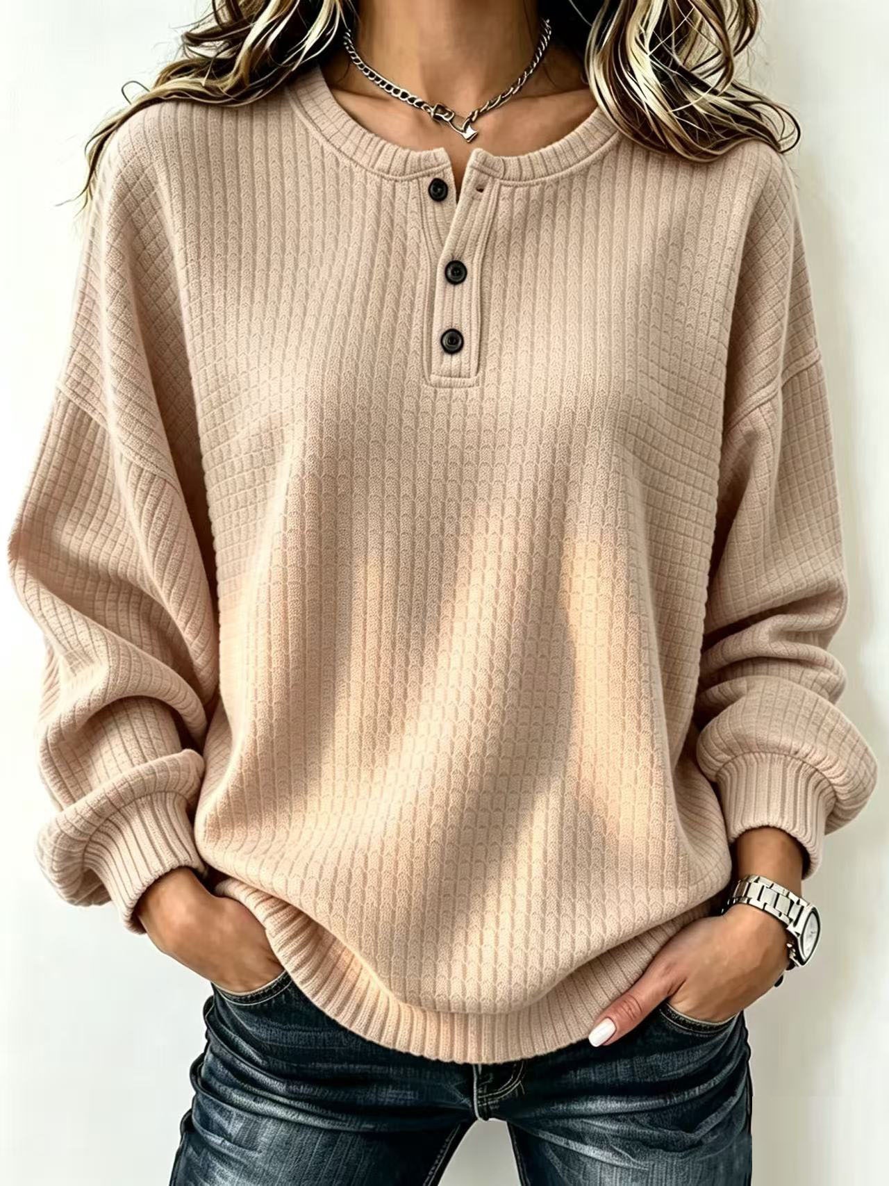 Women's Plaid Crewneck Button Long-Sleeve Sweatshirt