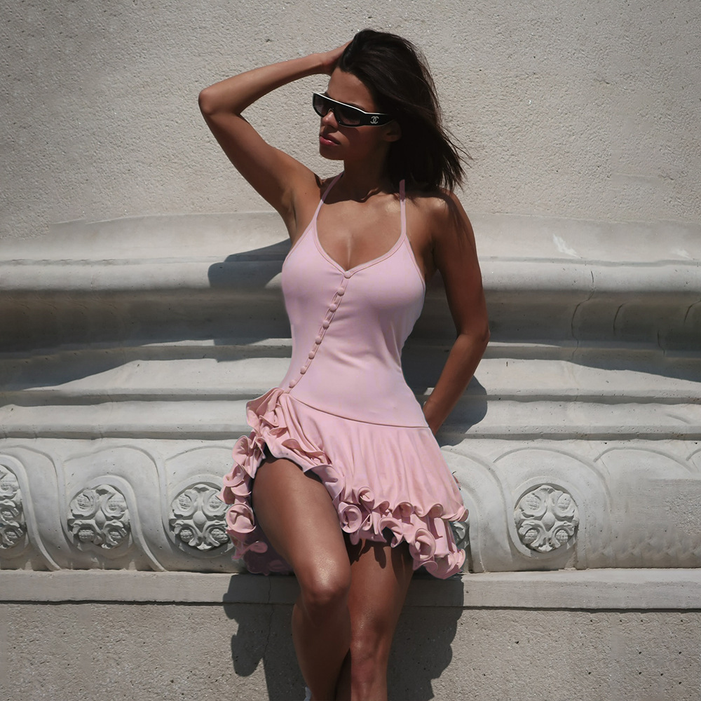Women's Halter Ruffle Bodycon Mini Dress with Button Front