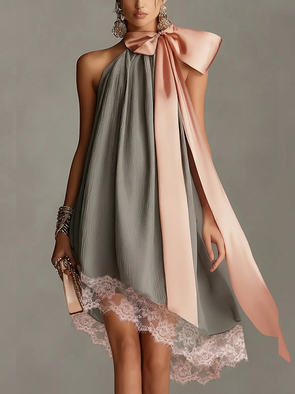 High Neck Irregular Chiffon Dress with Tie Bow Flowy Midi