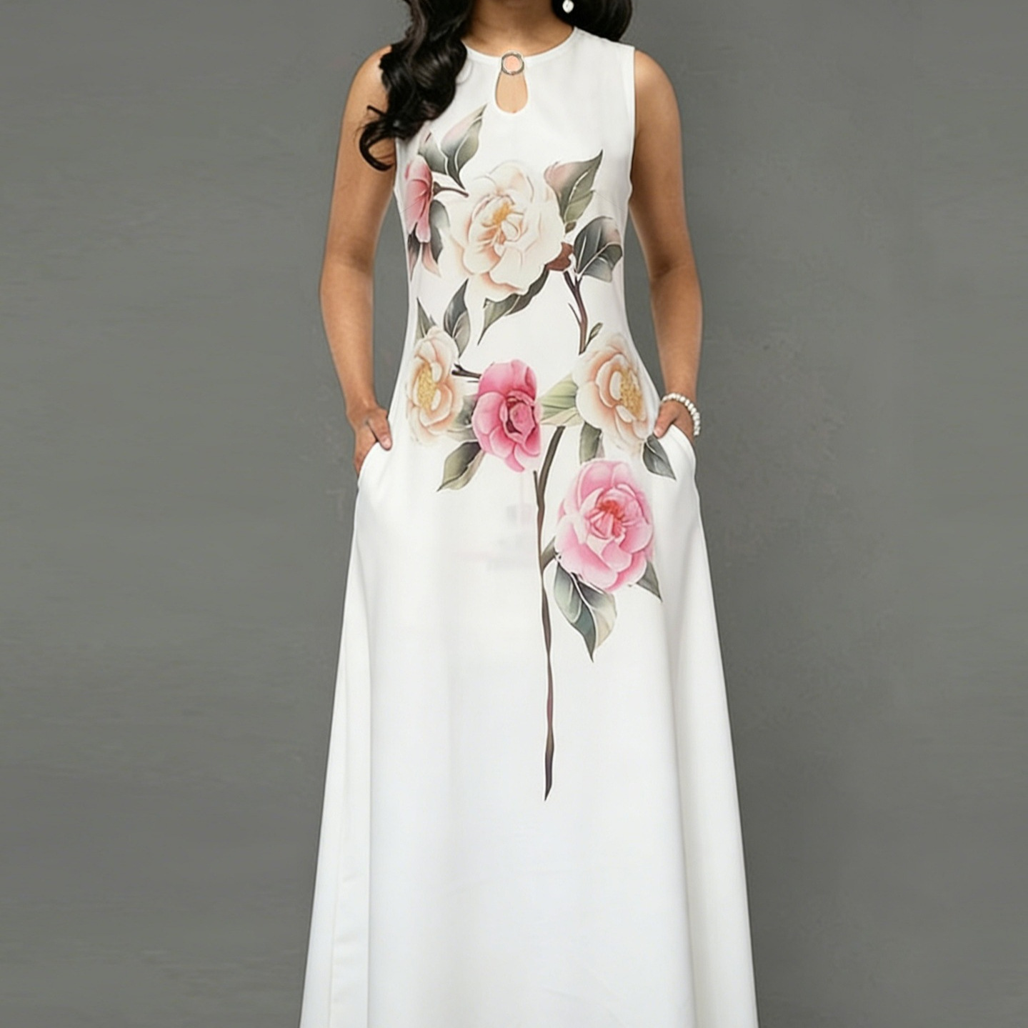 Elegant Floral Print Sleeveless A-Line Dress with Pockets