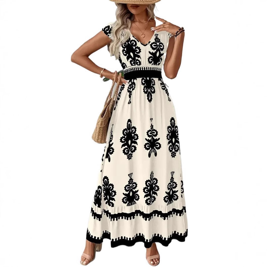 Women's Floral Print V-Neck Midi Dress with Waist Tie