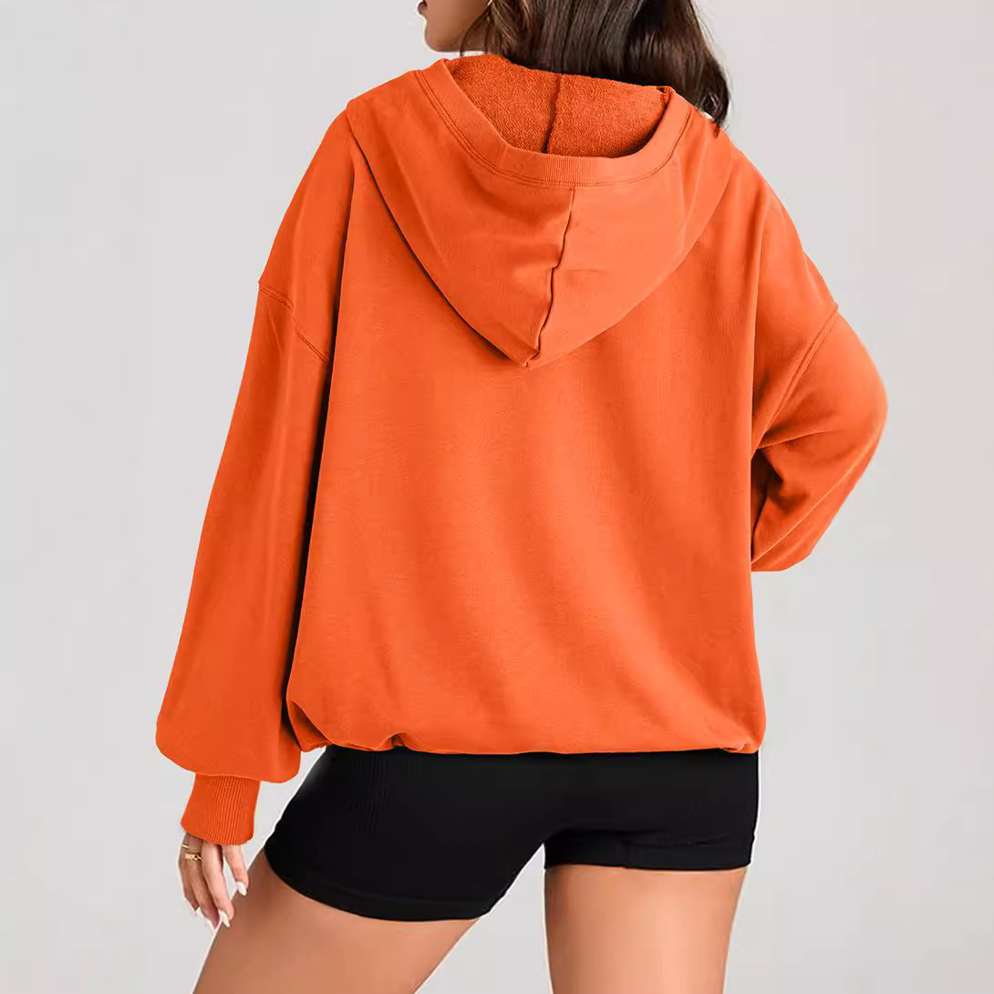 Women's Solid Color Long Sleeve Hooded Zip Pocket Sweatshirt