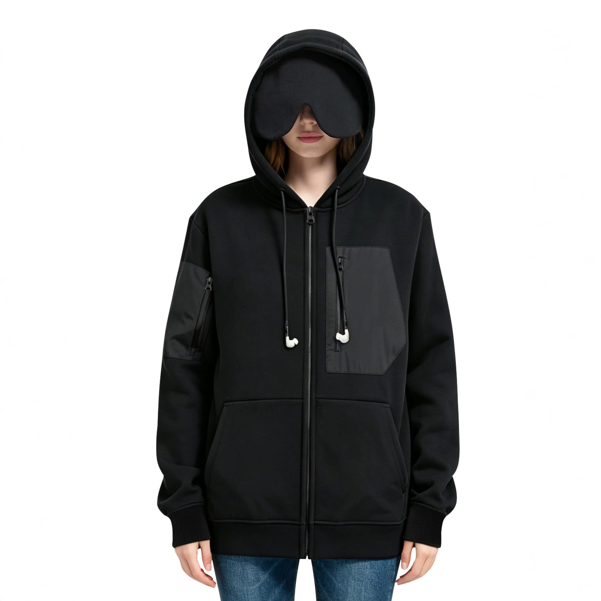 Casual Hooded Zip-Up Sweatshirt Jacket Loose Fit Solid Color