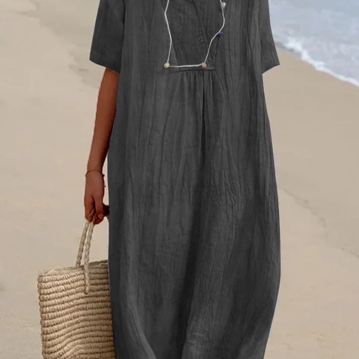 Women's Solid Cotton-Linen Casual Slimming Dress