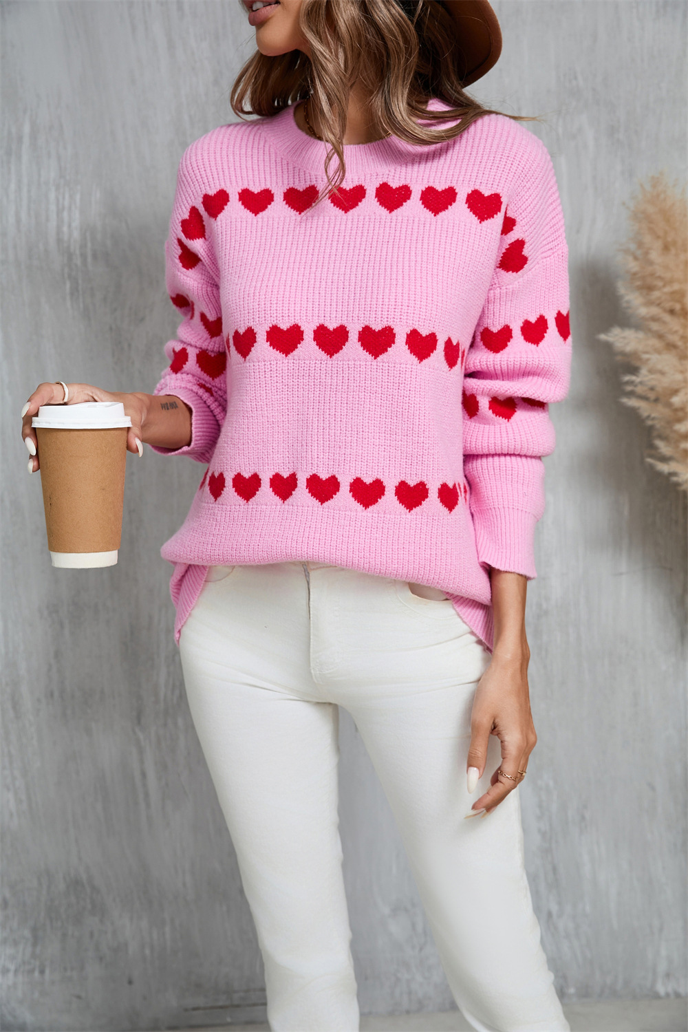 Women's Heart Print Knit Pullover Sweater