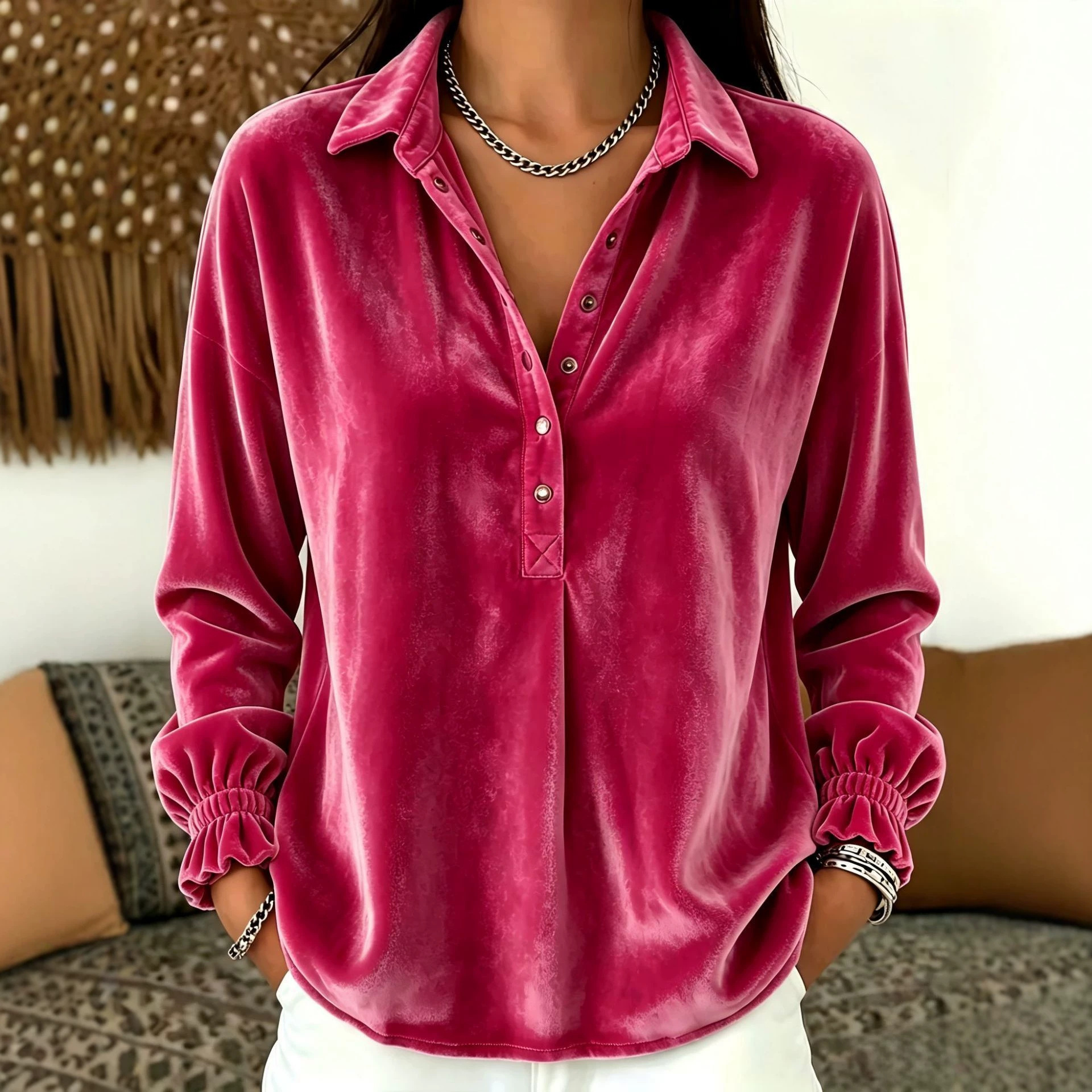 Velvet Button-Front Polo Sweatshirt Long-Sleeve Loose Fit Top