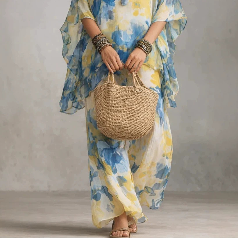 Elegant Floral Two-Piece Dress Set with Long Skirt and Loose Fit