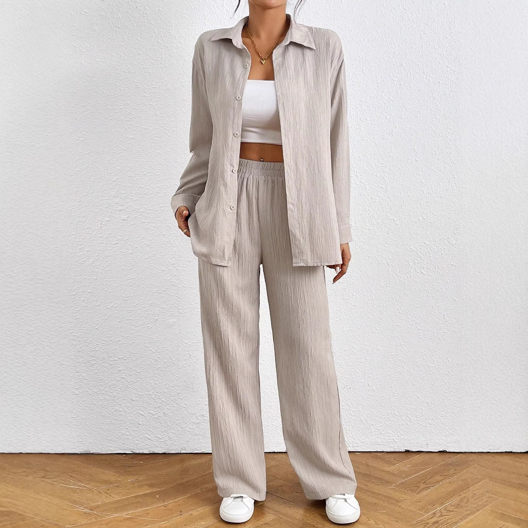 Women's Solid Color Elastic Waist Wide-Leg Pants with Pockets and Shirt Two-Piece Set