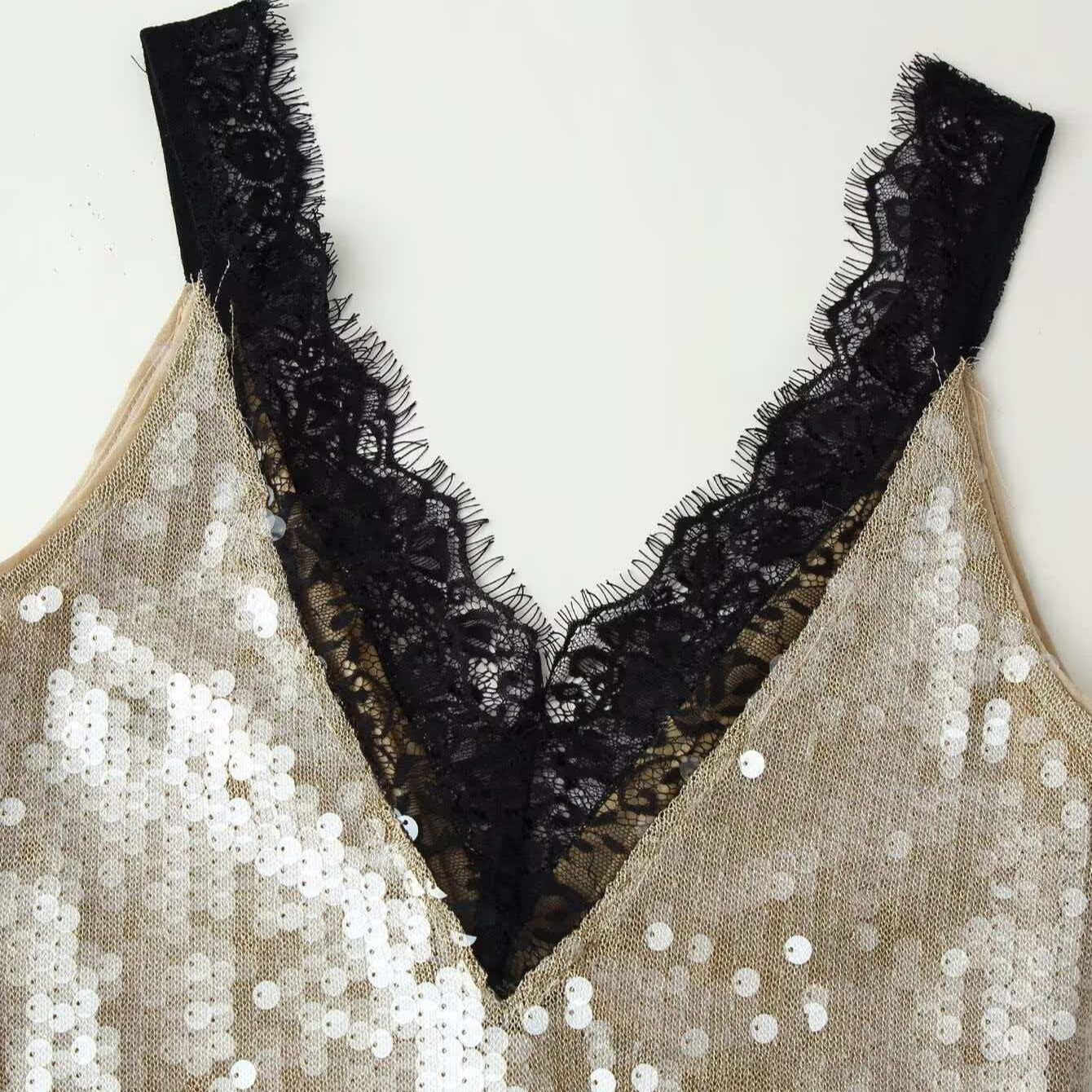 Shimmering Gold Sequin Cami Dress with Mesh Panel
