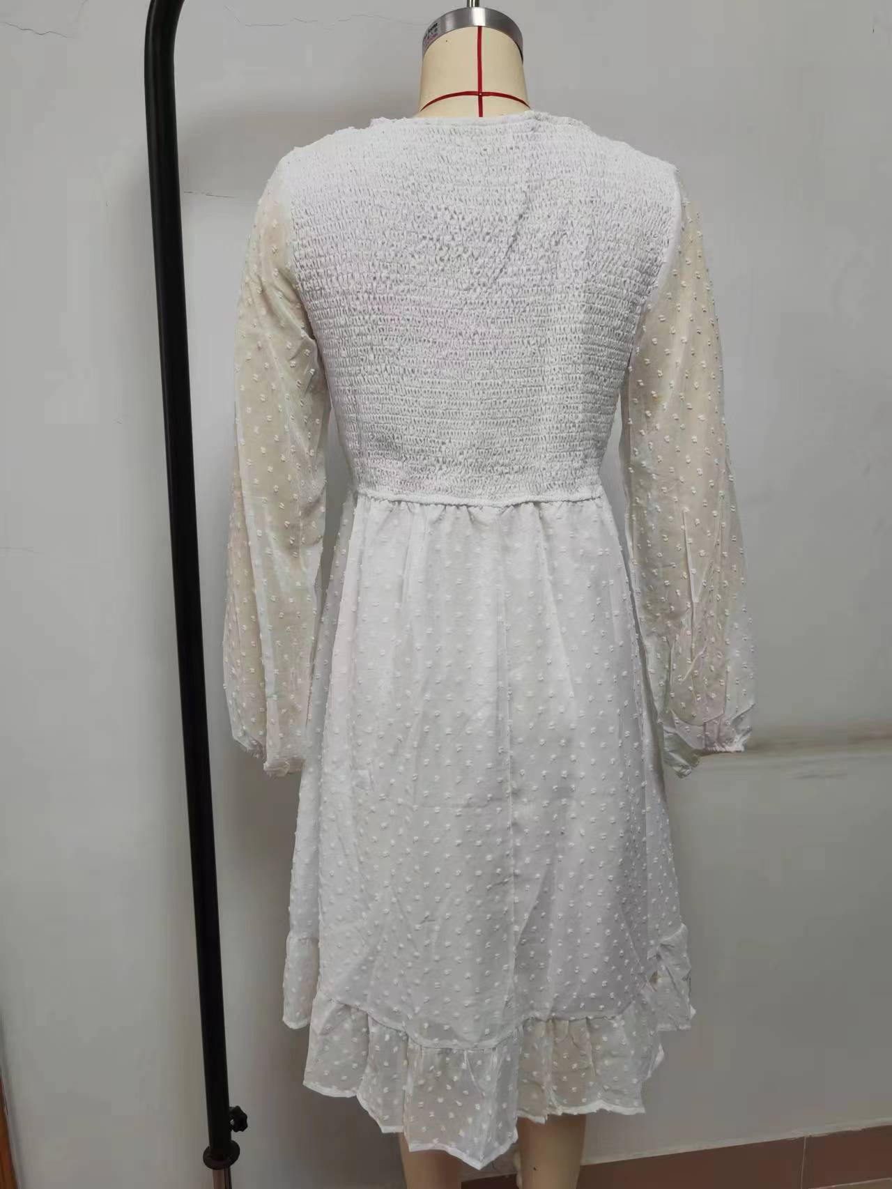 V-Neck Long Sleeve High Waist A-Line Jacquard Dress