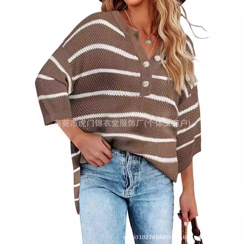 Striped Button-Front Loose Mid-Sleeve Knit Top