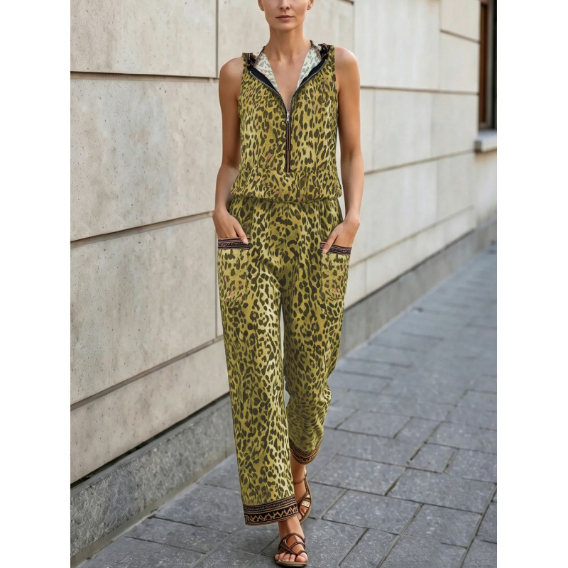 Plus Size Leopard Print Hooded Sleeveless Vest and Wide-Leg Pants Set