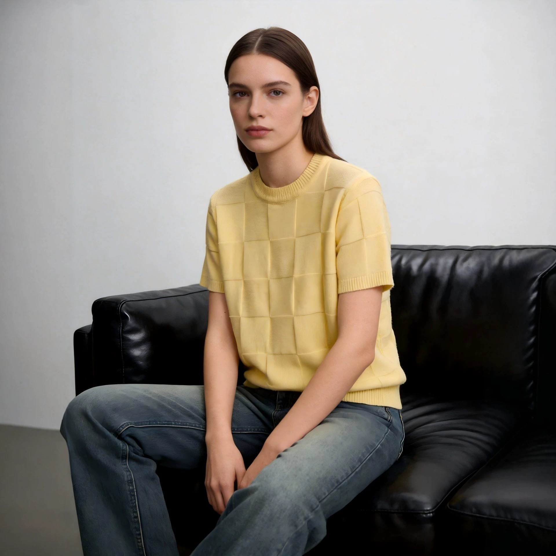 Solid Crewneck Knit Short-Sleeve Top with 3D Block Design