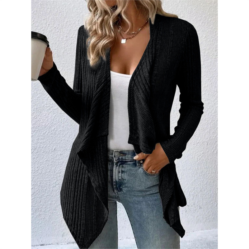 Solid Ribbed Knit Cardigan Long Sleeve V-Neck Loose Fit Casual Sweater Coat