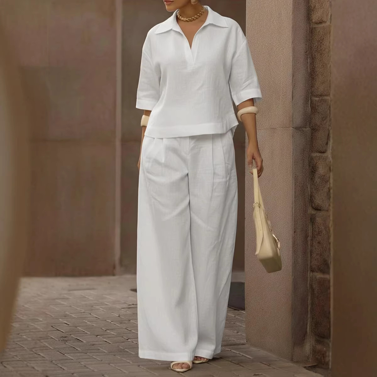 Women's Solid Color Two-Piece Set with Wide-Leg Pants