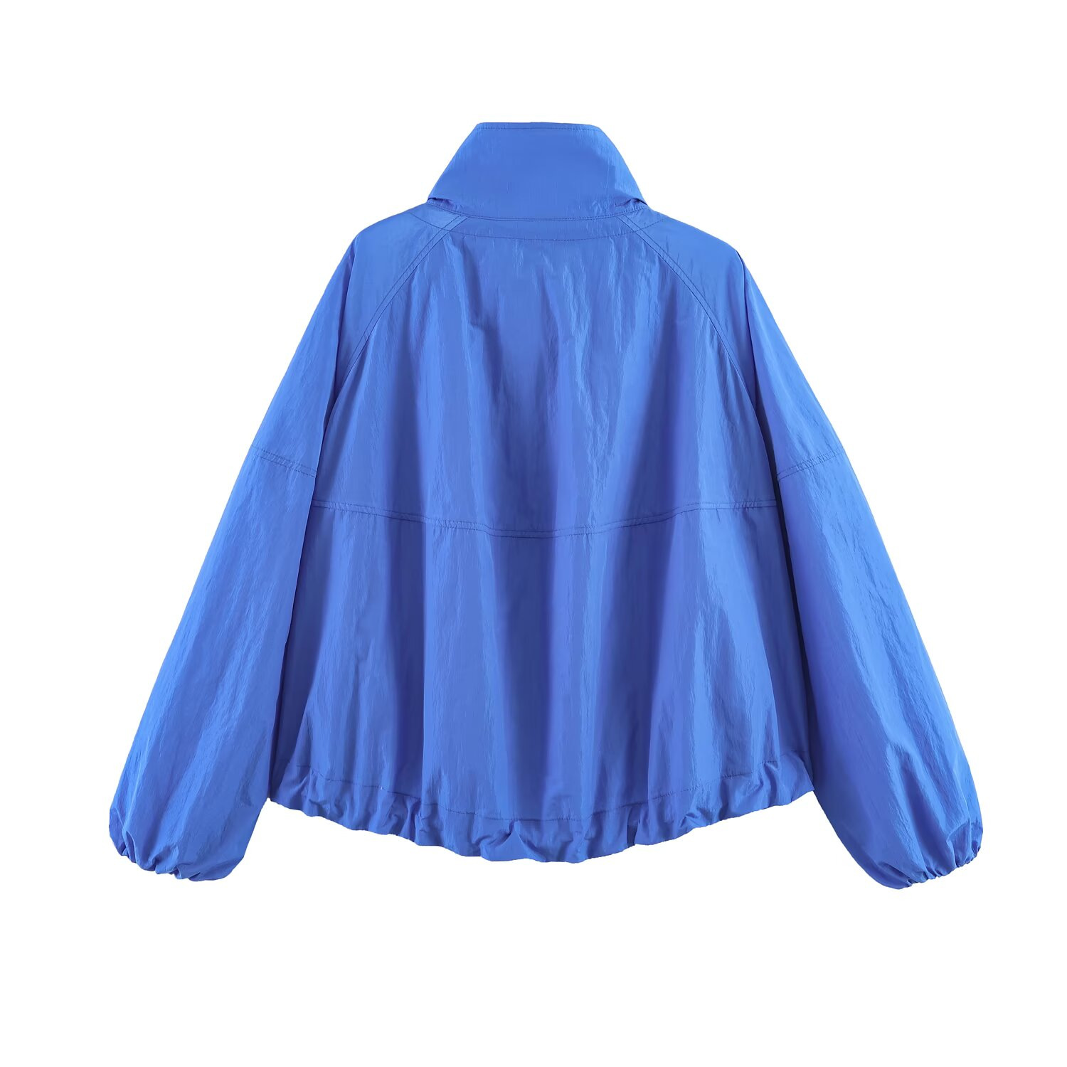 Women's Ruched Nylon Zip Jacket Casual Loose Fit Stand Collar Blue