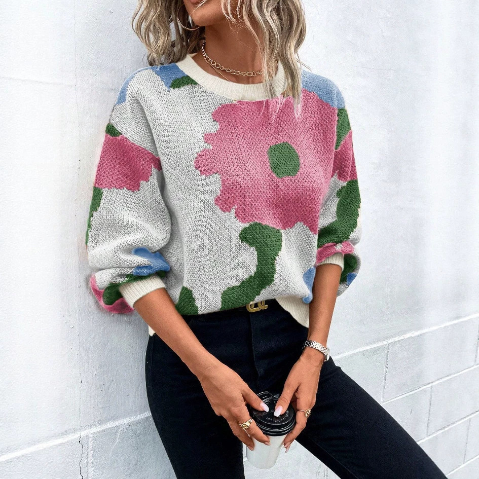 Women's Floral Jacquard Crewneck Long Sleeve Knit Sweater