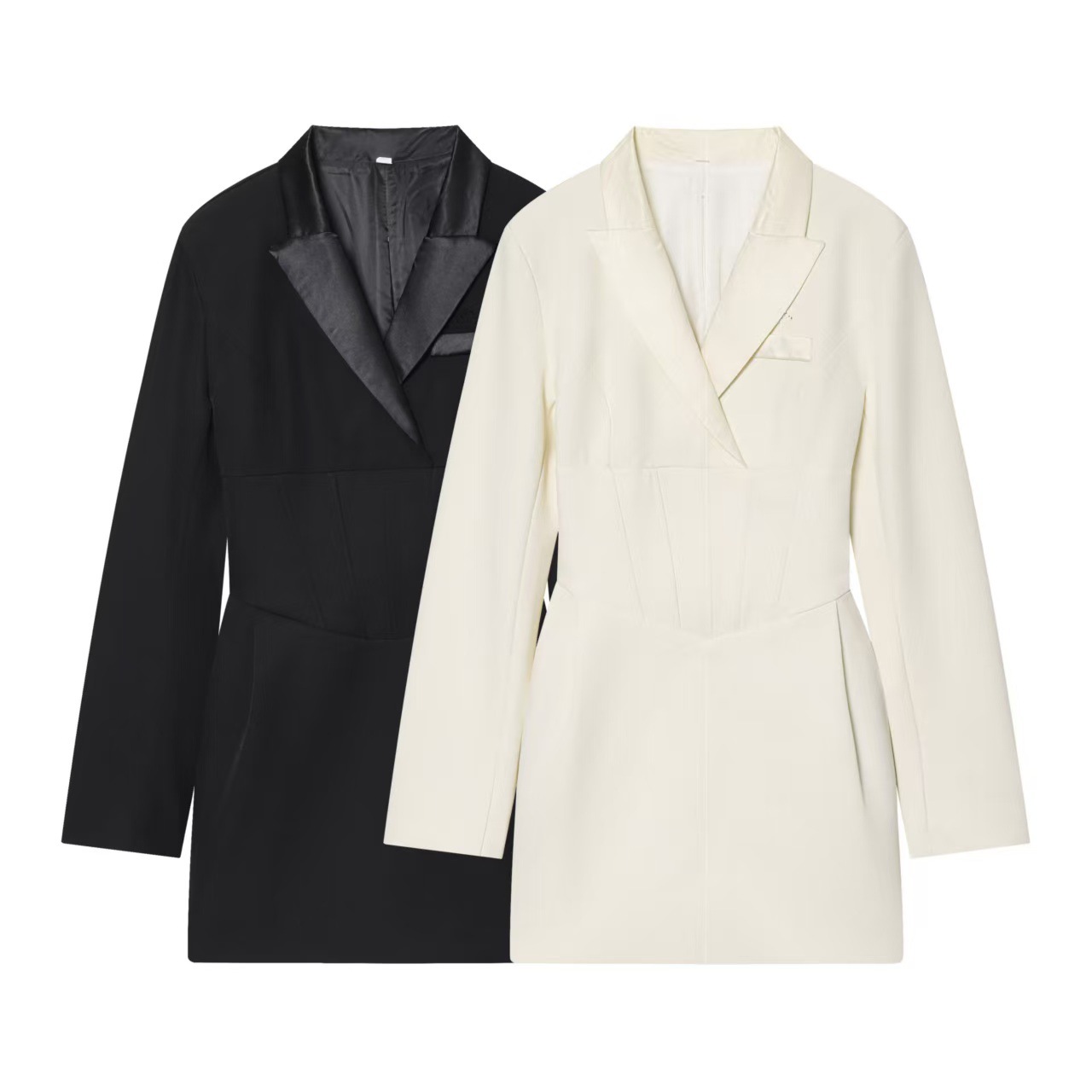Women's ZAV Collared Spliced Blazer Dress with Waist-Cinching Pleats