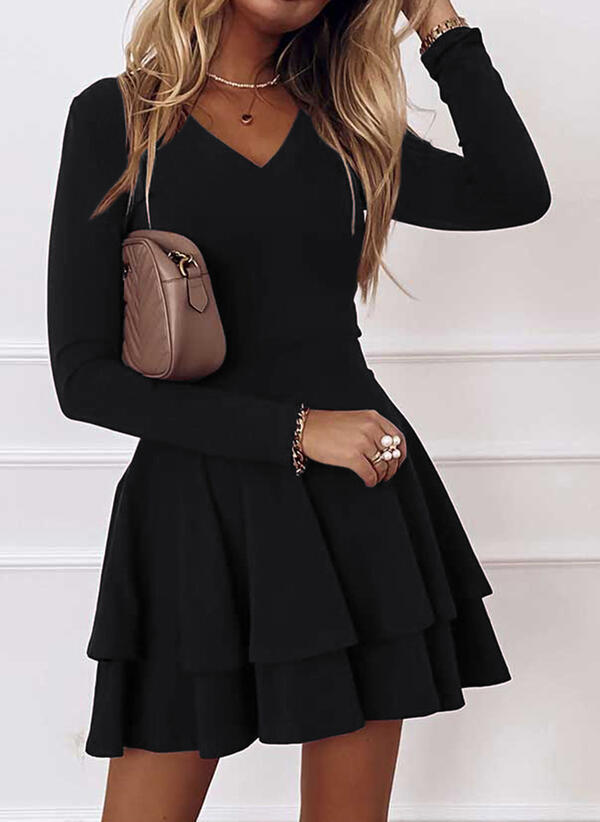 Solid Color Streetwear Long Sleeve A-Line Dress with Spliced Hem