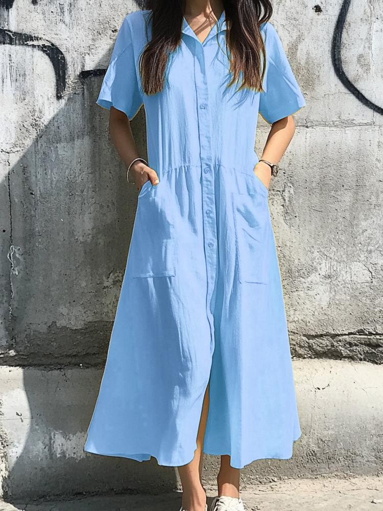 Women's Button-Front Short-Sleeve Casual Dress with Pockets