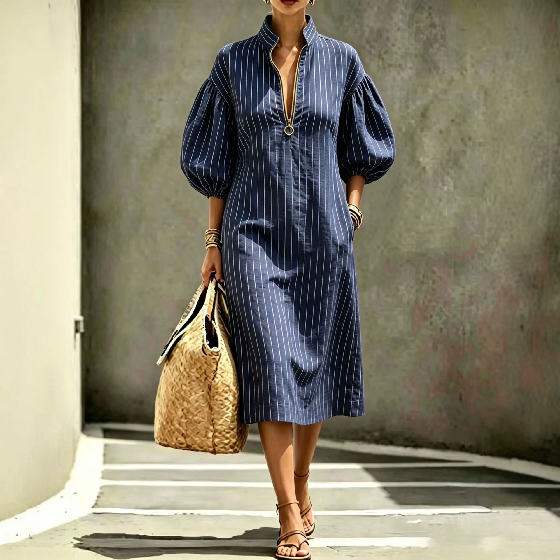 Women's Casual Loose Stand Collar Puff Sleeve Half-Zip Midi Dress