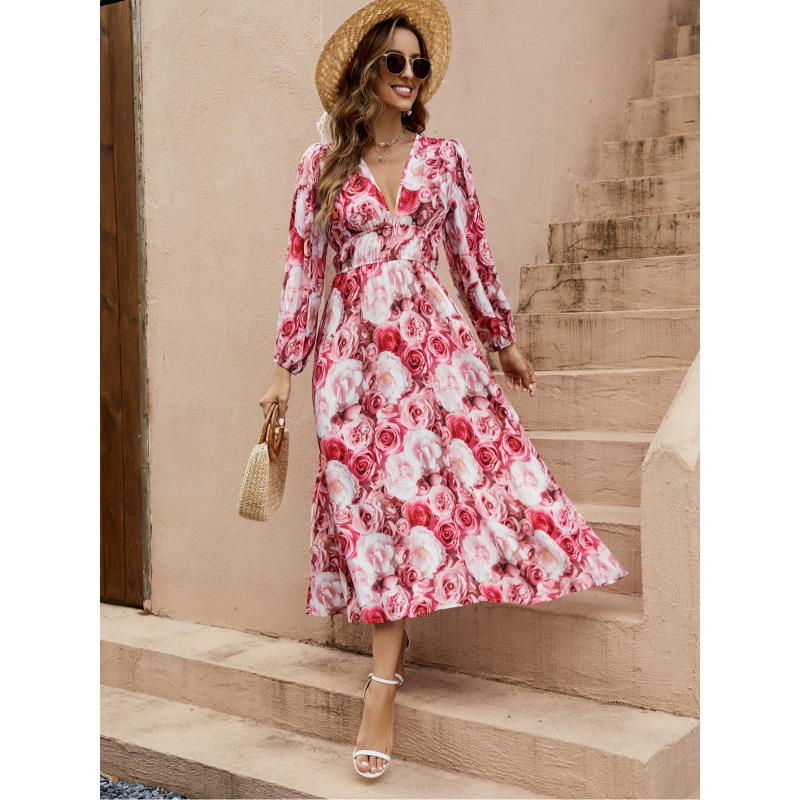 3D Rose Print Deep V Corset Lantern Sleeve Long Dress