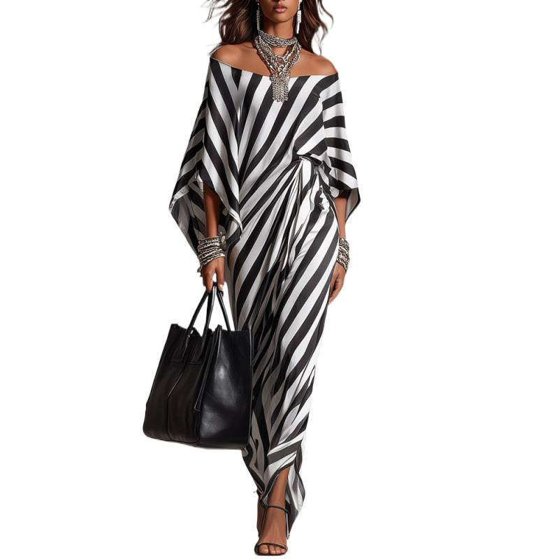 Women's Striped Off-Shoulder Loose Midi Dress