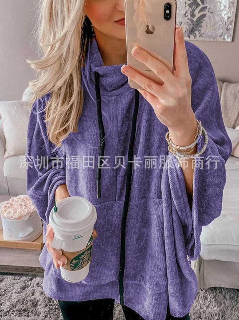Women's High-Neck Batwing Sleeve Pullover Hoodie