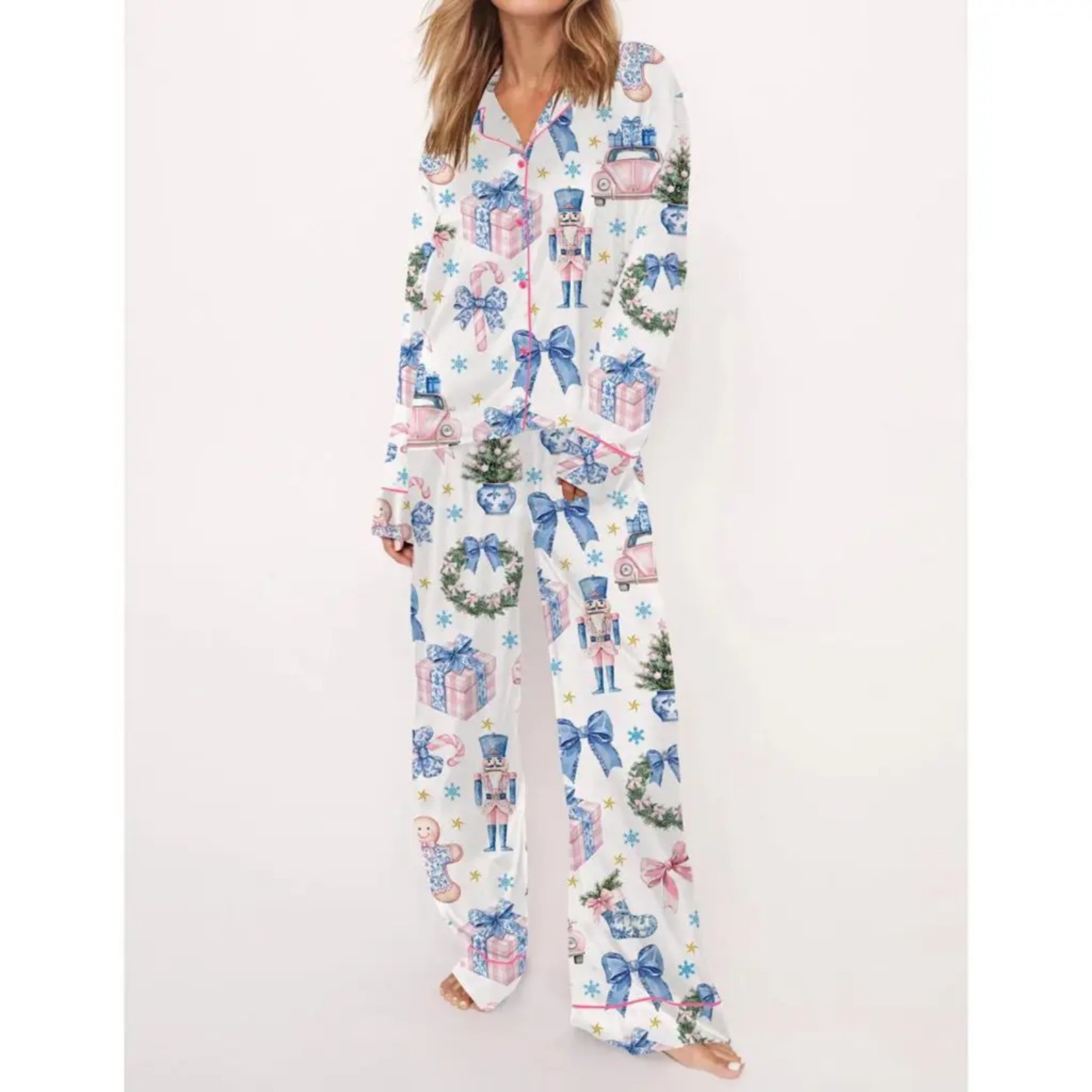 Christmas Tree Print Cuban Collar Long Sleeve Women's Shirt Set