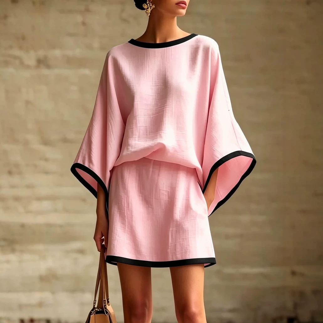 Women's Cotton-Linen Batwing Sleeve Top and Skirt Two-Piece Set